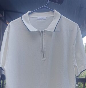 Cooandy Men's Cream Polo Shirt with Black Trim